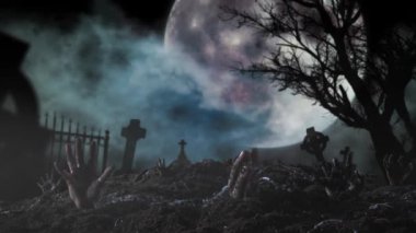 4k video arkaplanı. Mezar taşlarıyla dolu. Yerin altından zombi elleri kalkıyor. Yürüyen ölüler, cadılar bayramı bayramı, ürkütücü sezon. Reklamınız veya yaratıcı içeriğiniz için tıklayın.