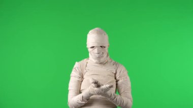 Yeşil ekran kroma anahtar video izole bir mumyanın ellerini çırpmasını kaygı verici bir şekilde kameraya bakarak görüntülüyor. Cadılar Bayramı. Model yapın, tanıtım videonuz ya da reklamınız için çalışma alanı.