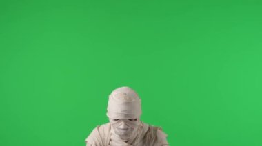 Yeşil ekran, kollarını sallayan bir mumyayı yakalayan ve sanki korkutmaya çalışıyormuş gibi garip bir şekilde hareket eden krom anahtar video. Cadılar Bayramı. Model yapın, tanıtım videonuz ya da reklamınız için çalışma alanı