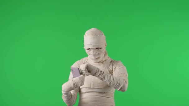 Green Screen Isolated Chroma Key Video Capturing Mummy Typing Smartphone — Stock Video