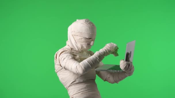 Зелений Екран Ізольоване Відео Ключа Хроми Захоплює Мумію Тримає Ноутбук — стокове відео