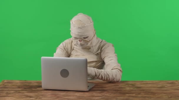 Yeşil Ekran Masada Dizüstü Bilgisayarın Önünde Oturan Bir Mumyayı Yakalayan — Stok video