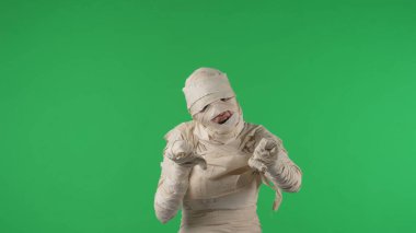 Yeşil ekran kroma anahtar fotoğrafını izole etti. Kameraya atlayan mumyayı yakaladı. Korkutmak, yuhalamak ve kükremek için. Terfi klibi ya da reklam için hazırlan..