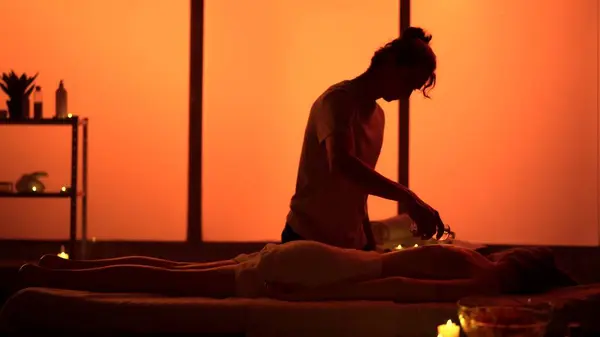 Masseur Massage Specialist Giving Pouring Essential Oil Back Patient Silhouettes — Stock Photo, Image