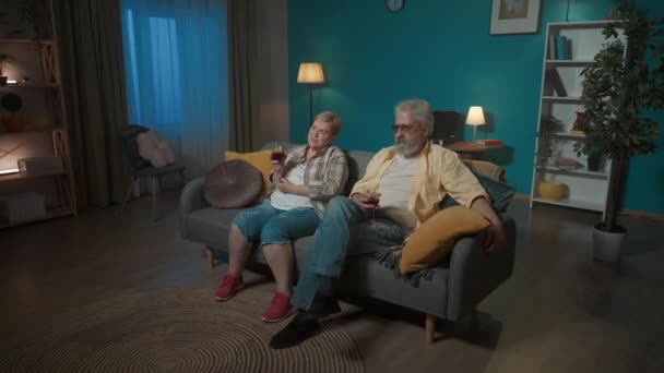 フレームは 部屋のソファーに座っている高齢のカップルを示しています 手にはワイングラスがあります 彼らは女性が指している距離を調べ 彼らが見ているものを議論しています — ストック動画