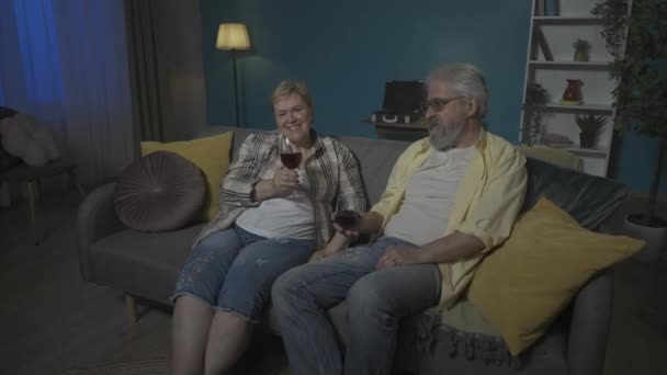 ショットは 部屋のソファーに座っている高齢のカップルを示しています 手にはワインのグラスがある 彼らはテレビを見て 彼らが見たことを話した Hdr Bt2020 Hlg材料について — ストック動画