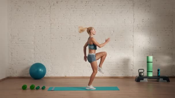 个人运动训练在家里 穿着运动服的女性做运动 保健和健康广告概念 田径女子健身教练在网上跳高膝关节 — 图库视频影像