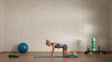 Evde online olarak kişisel spor dersleri. Spor giyim bölümünde egzersiz yapan sarışın bir kadın. Sağlık hizmetleri yaratıcı reklam konsepti. Kadın jimnastik koçu odada dizlerinin ve ellerinin üstünde duruyor..