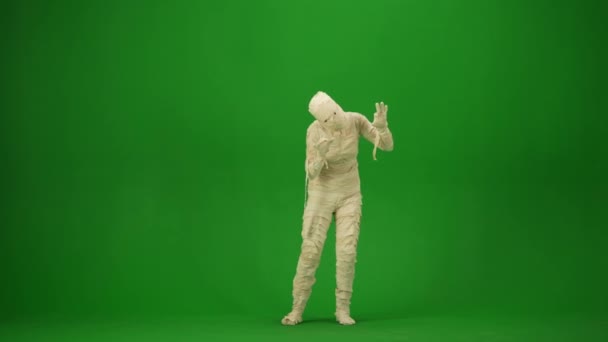 Scary Mummy Wrapped Bandages Looks Searches Victim Scares Raised Arms — Stock Video