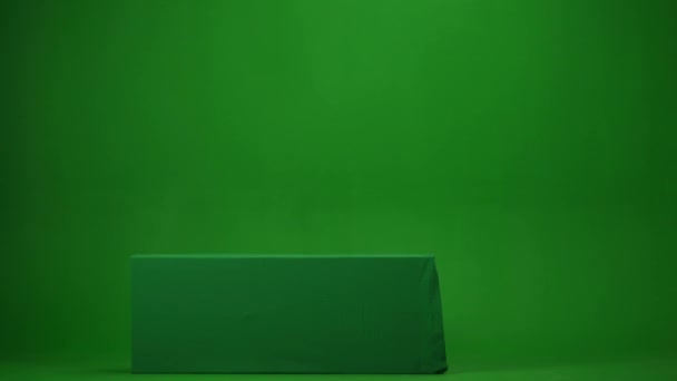 绿色屏幕隔离了彩色键视频捕捉了一个木乃伊从绿色屏幕横幅盒后面升起 用它的手呼叫某人 全身而退模仿你的促销短片或广告 — 图库视频影像
