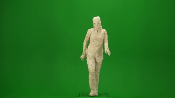 Yeşil Ekran Bir Mumyayı Podyumdaymış Gibi Zarafetle Kameraya Doğru Yürürken — Stok video