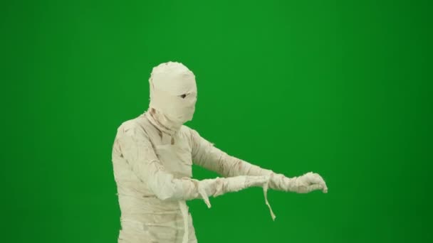 Scary Mummy Wrapped Bandages Dancing Making Arm Movements Green Screen — Stock Video