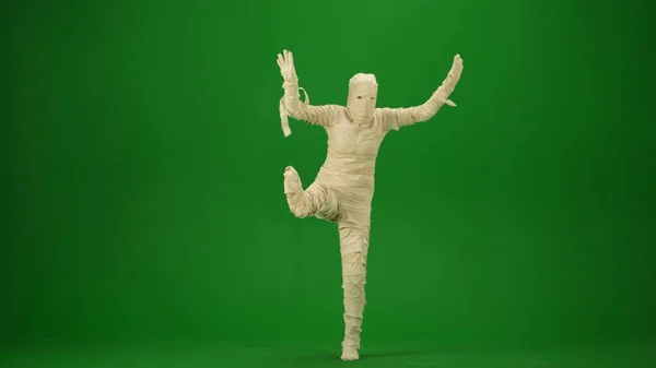 Mummy Wrapped Bandages Poses His Arms Leg Raised Green Screen — Stock Photo, Image