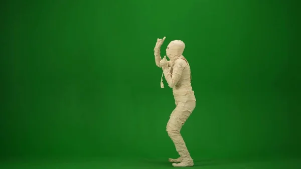 Mummy Wrapped Bandages Poses Dances His Arms Raised Green Screen — Stock Photo, Image