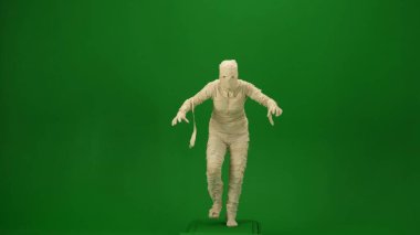 Yeşil ekran, kolları açık bir şekilde kameraya doğru koşan bir mumyayı yakalayan kroma anahtar fotoğrafını izole etti. Model yapın, tanıtım videonuz ya da reklamınız için çalışma alanı. Tam uzunluk.