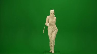 Yeşil ekran, bir mumyanın podyumdaymış gibi kameraya doğru zarif bir şekilde yürümesini gösteren krom anahtar fotoğrafını izole etti. Model yapın, tanıtım videonuz ya da reklamınız için çalışma alanı. Tam uzunluk.