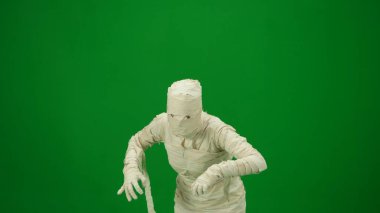 Yeşil ekran, kolları çarpık bir şekilde kameraya doğru yürüyen bir mumyanın kroma anahtarının fotoğrafını çekiyor. Model yapın, tanıtım videonuz ya da reklamınız için çalışma alanı. Orta boyut.