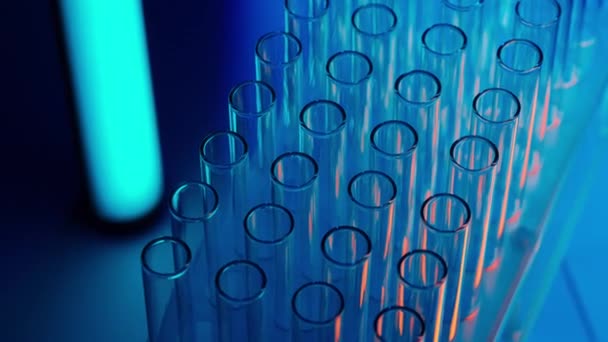 Close Video Neon Blue Light Test Tubes Laboratory Scientific Experiment — Stock Video
