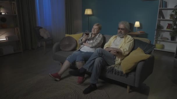 Shot Shows Elderly Couple Sitting Sofa Room Have Glasses Wine — Stock Video