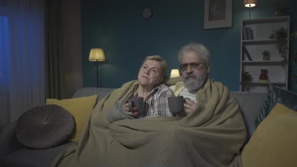 Picture Elderly Couple Sitting Sofa Room Blanket Holding Cup Hot — Stock Video