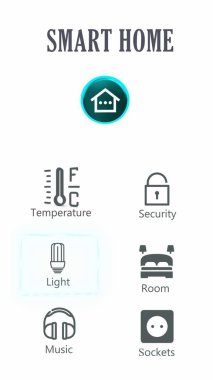 Akıllı ev akıllı telefon uygulamasının arayüzü, kontrol paneli, güvenlik sistemi, ışığı ve sıcaklığı kontrol eden. Basit modern yaşam konsepti.