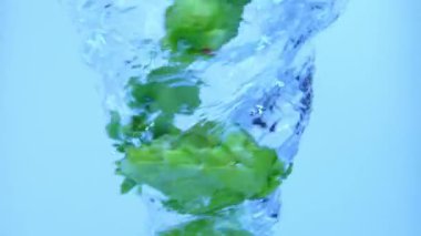 Su girdabı yaratıcı reklam konsepti. Aqua girdabına yakın çekim. Macro stüdyosunun temiz suyla çekilen görüntüsü fırıl fırıl dönüyor, içinde bir sürü taze yeşil hop tomurcukları ve çiçekler uçuşuyor..