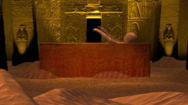 Mısır Firavunu mezarlığı. Mumya yeniden diriliyor, lahitten yükseliyor, kollarını açarak tabuta giriyor. Tam boy. Cadılar Bayramı tanıtım videosu veya reklamı.
