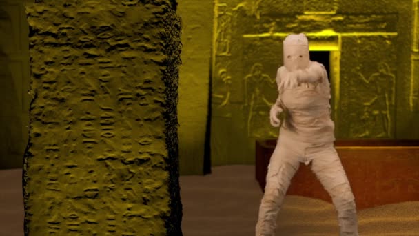 Єгипетський Фараон Страшна Мумія Загорнута Бинтами Лякає Потискаючи Руки Намагаючись — стокове відео