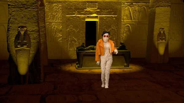 Egyptian Pharaoh Entombment Mummy Mummy Orange Coat Hat Sunglasses Walking — Stock Photo, Image