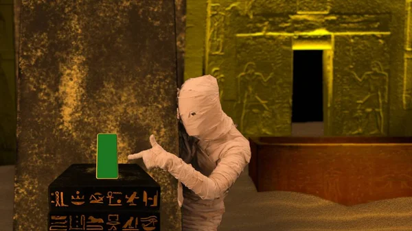 Egyptian Pharaoh Entombment Scary Mummy Peeking Column Pointing Smartphone Green — Stock Photo, Image