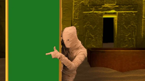 Egyptian Pharaoh Entombment Scary Mummy Peeking Column Green Screen Banner — Stock Photo, Image