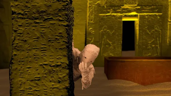 埃及法老的墓葬 可怕的木乃伊正在展示 从一根柱子后面窥视着 呼吁有人与它的手联合起来 中等规模 万圣节促销短片或广告 — 图库照片