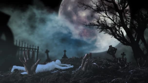 墓石で満たされたグラヴェイアード ゾンビは地下から手を挙げる ミイラが引っ張り出し 引っ張っている ハロウィーンの休日 不気味な季節 広告やクリエイティブコンテンツのクリップ — ストック動画