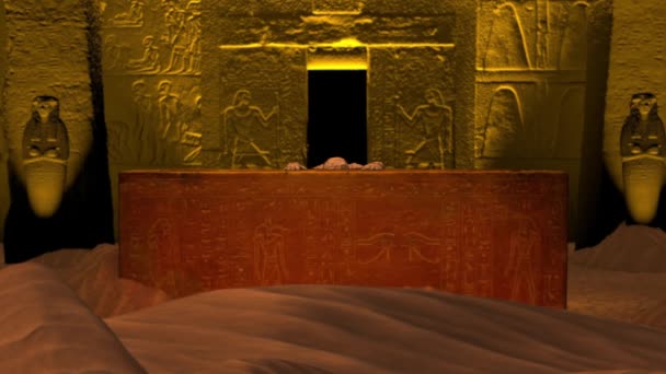 埃及法老的墓葬 木乃伊复活了 从石棺后面站起来 在棺材里 环顾四周 躲在后面 全身而退万圣节促销短片或广告 — 图库视频影像