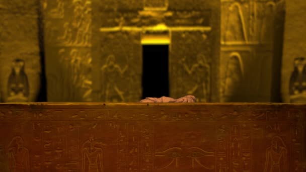 Egyiptomi Fáraó Sírhely Múmia Feltámad Felemelkedik Szarkofág Mögül Koporsó Körülnéz — Stock videók