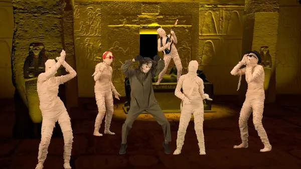 Egyptian Pharaoh Entombment Four Mummies Having Fun Dancing Singing Playing — Stock Photo, Image