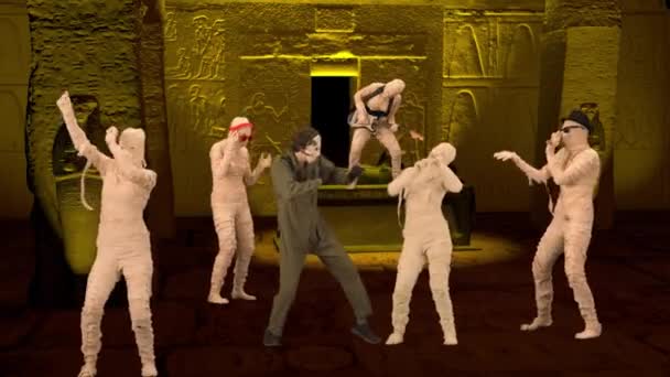 Enterramiento Del Faraón Egipcio Cuatro Momias Están Divirtiendo Allí Bailando — Vídeos de Stock