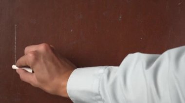 Kalıplı kahverengi karatahta arka planı. Erkek el yazısı ev kurallarını tahtaya yakın çekimde bir parça beyaz tebeşirle yazıyor. Eğitici ve yaratıcı içerik, ev işleri ve ev işleri kavramı.