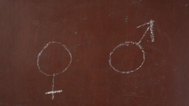 Kalıplı Kahverengi Karatahta Arka Planı Erkek Çizimi Tahtada Iki Cinsiyet — Stok video
