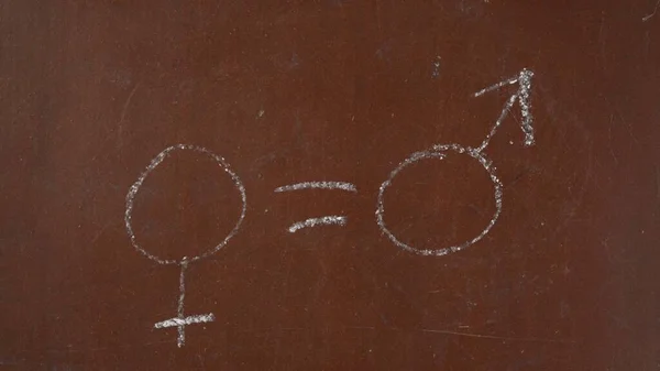 Textured Brown Chalkboard Background Two Gender Symbols Equals Sign Sketched — Stock Photo, Image