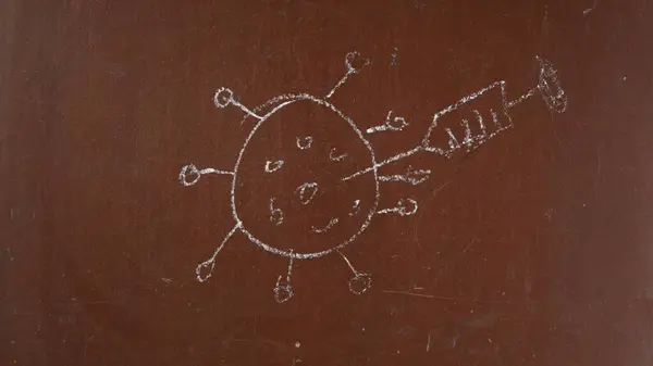 Textured Brown Chalkboard Background Sketchy Virus Cell Killed Syringe Vaccine — Stock Photo, Image