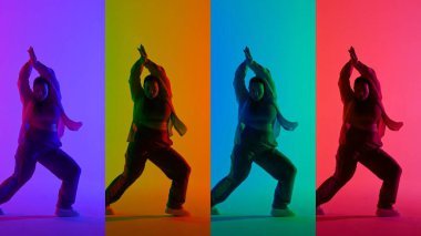 Stüdyoda pembe ve mavi neon arka planda dans eden bir kadının çok renkli kolajı. Modern dinamik ve enerjik dans koreografisi. Tam boy. Yaratıcı tanıtım videosu veya reklam