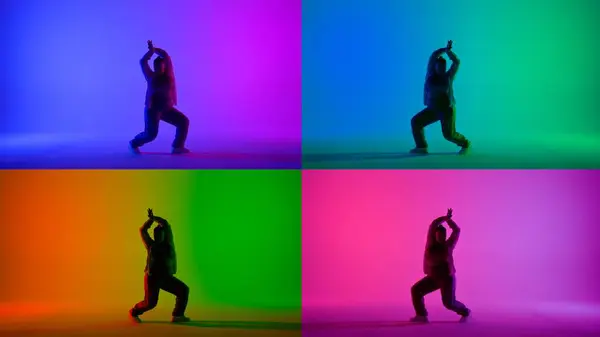 Collage Multicolor Una Mujer Bailando Jazz Funk Sobre Fondo Neón — Foto de Stock