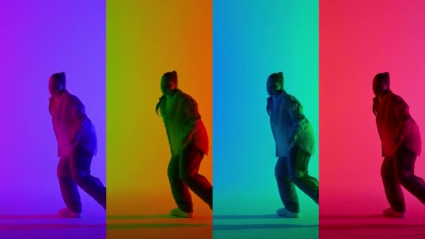 Многоцветный Коллаж Женщины Танцующей Джаз Фанк Розовом Синем Неоновом Фоне — стоковое видео