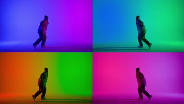 Многоцветный Коллаж Женщины Танцующей Джаз Фанк Розовом Синем Неоновом Фоне — стоковое видео
