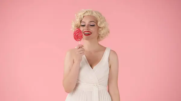 Joyful Woman Holding Multicolored Lollipop Stick Woman Image Marilyn Monroe — Stock Photo, Image