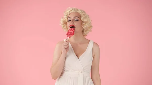 Woman Happily Licking Colorful Lollipop Stick Woman Image Marilyn Monroe — Stock Photo, Image