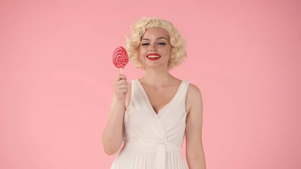 Joyful Woman Holding Multicolored Lollipop Stick Woman Image Marilyn Monroe — Stock Photo, Image