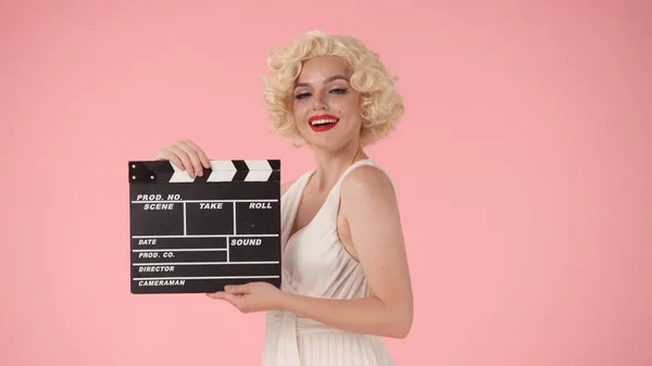 Woman Image Marilyn Monroe Holding Clapperboard Bright Woman Red Lipstick — Stock Photo, Image