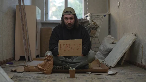 Homeless Poor Man Sitting Room Abandoned Building Money Jar Holding — Stock Photo, Image